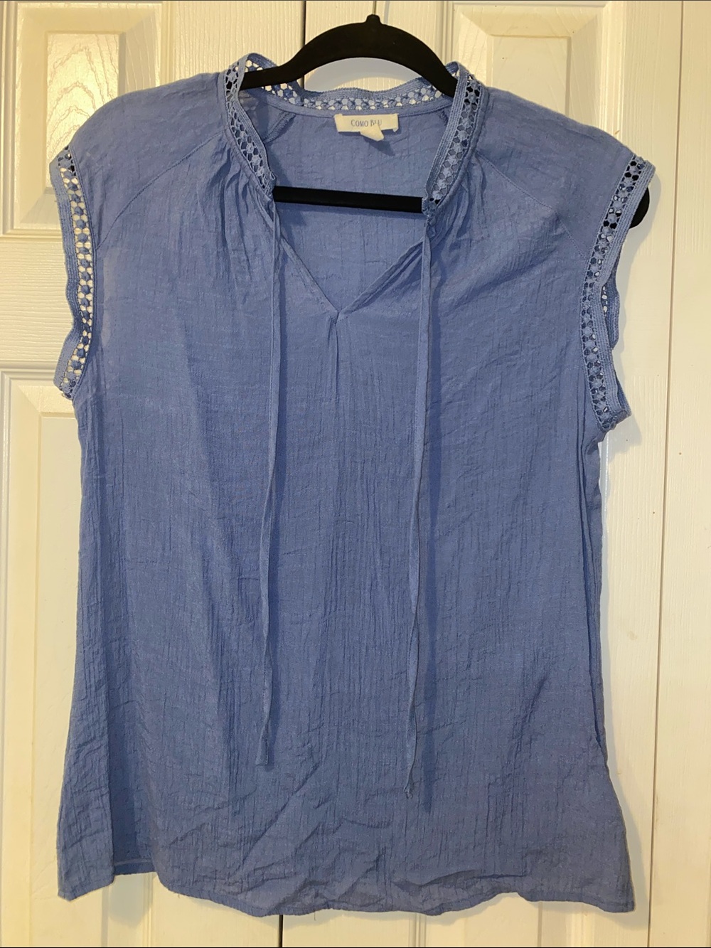 Chambray Blue Tie-Neck Crochet-Trim Top